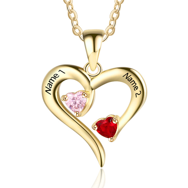 925 Silver Jewelry Two Birthstones Heart Name Necklace