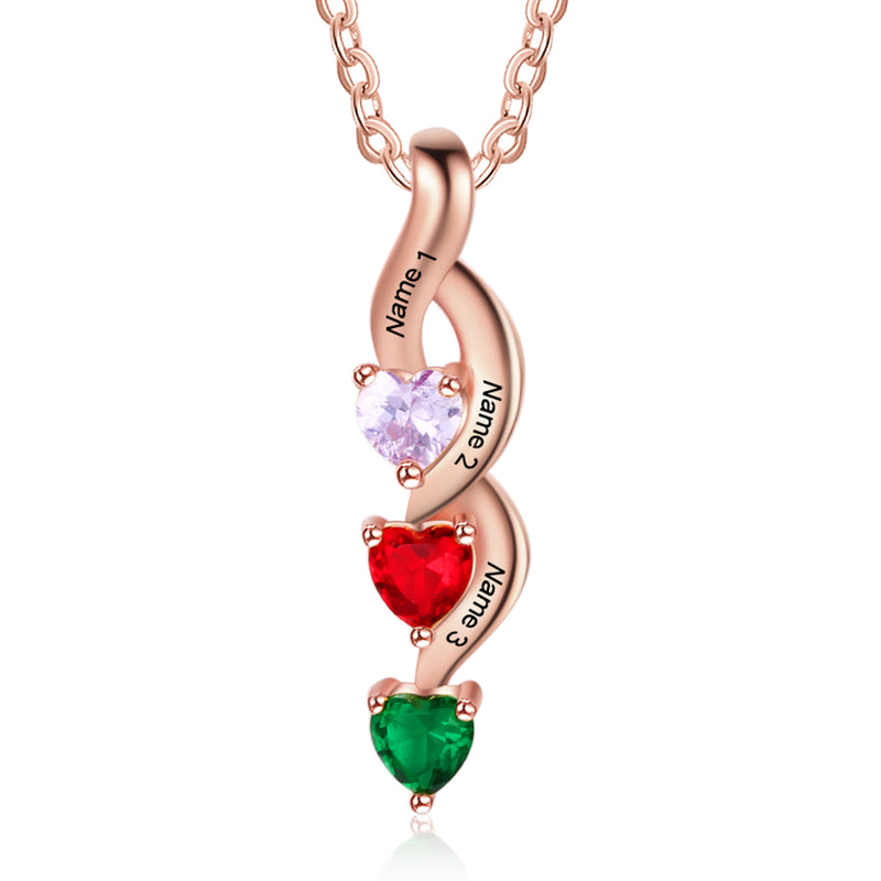 Engraving Names 925 Sterling Silver Three Heart Shape Colorful Birthstones Necklace