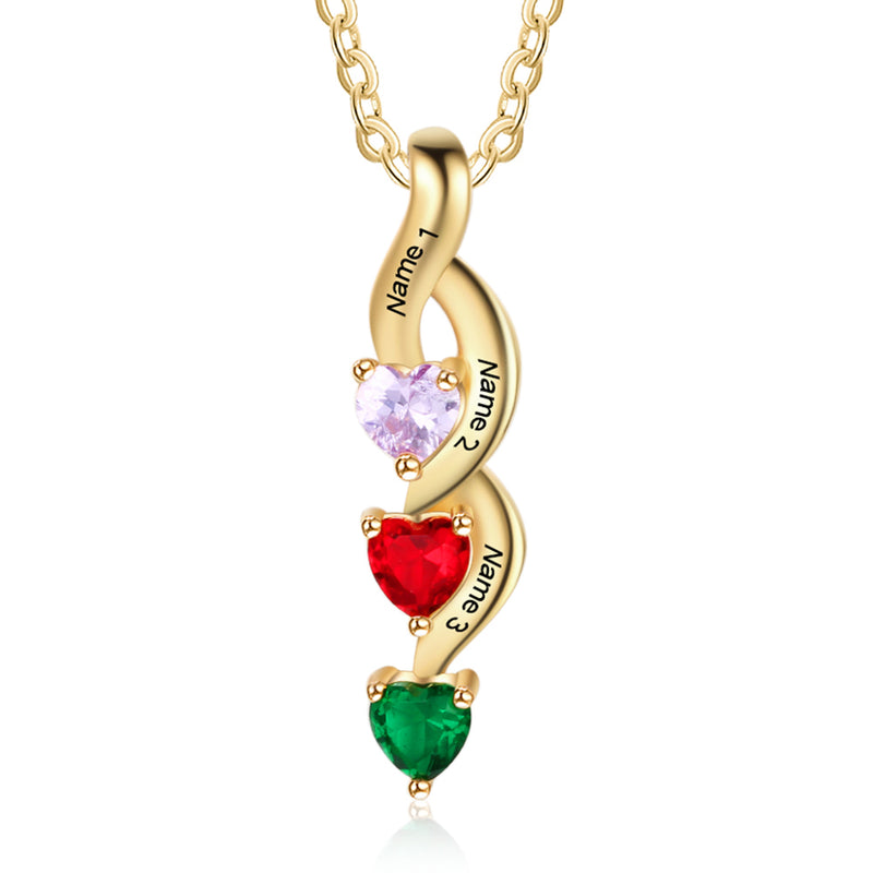 Engraving Names 925 Sterling Silver Three Heart Shape Colorful Birthstones Necklace