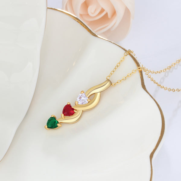 Engraving Names 925 Sterling Silver Three Heart Shape Colorful Birthstones Necklace