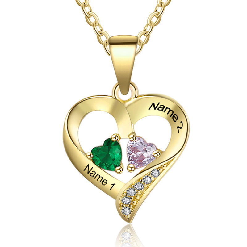Personalized Name S925 Two Birthstones Heart Shape Pendant Necklace