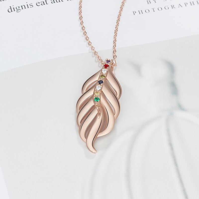 S925 Personalized Name Leaf Shape Pendant Necklace with Colorful Birthstones