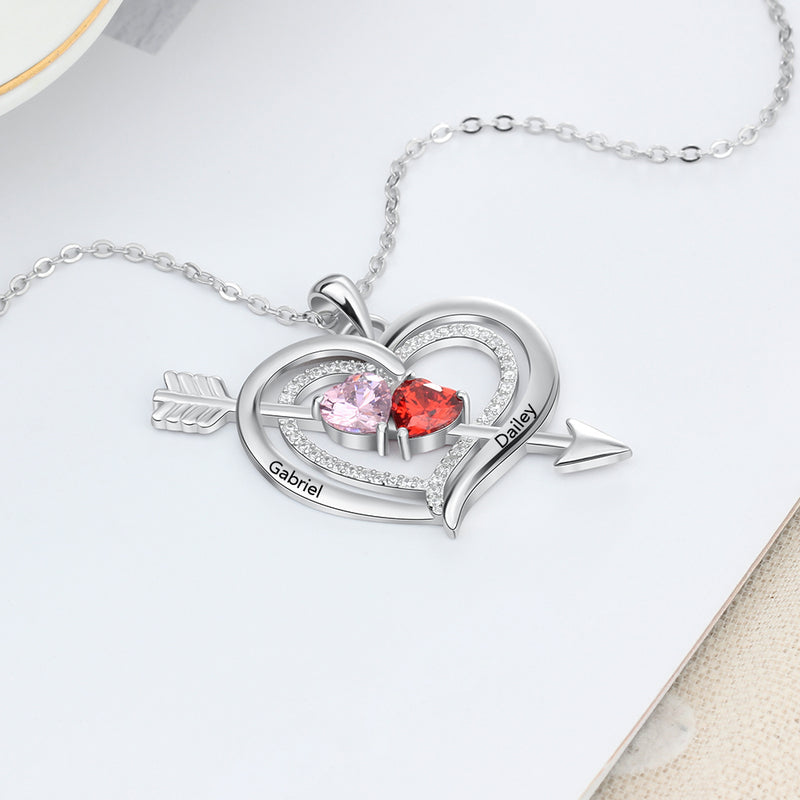 925 Silver Personalized Names Arrow and Heart Shape Necklace with Heart Shape Birthstones