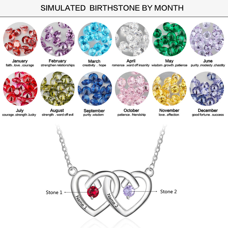 925 Silver Custom Name Two Heart Shape Pendant Necklace with Two Birthstones