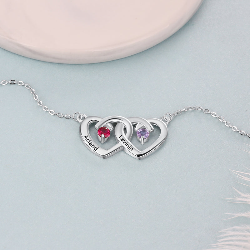 925 Silver Custom Name Two Heart Shape Pendant Necklace with Two Birthstones