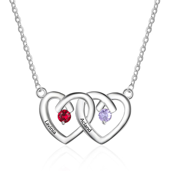 925 Silver Custom Name Two Heart Shape Pendant Necklace with Two Birthstones