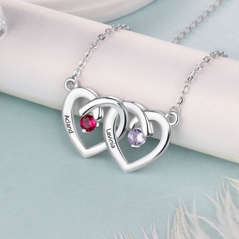 925 Silver Custom Name Two Heart Shape Pendant Necklace with Two Birthstones