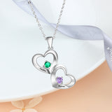 S925 Personalized Name Double Hearts Pendant Necklace with Two Birthstones
