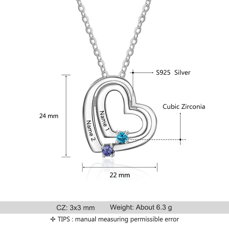 925 Sterling Silver Personalized Name Double Heart Birthstones Pendant Necklace
