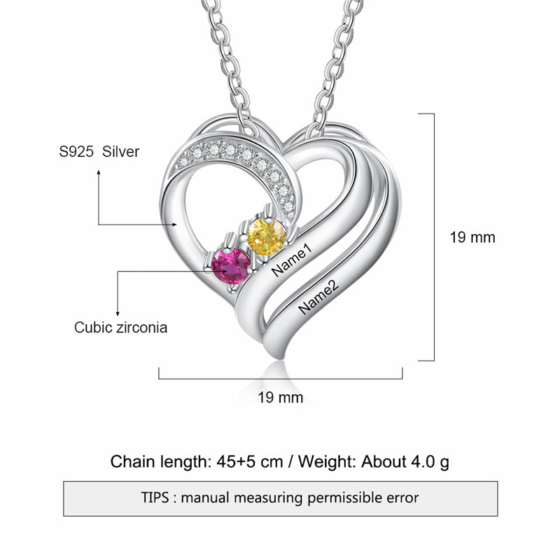 925 Sterling Silver Two Birthstone Heart Necklace