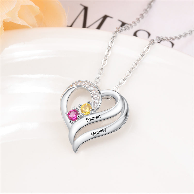 925 Sterling Silver Two Birthstone Heart Necklace