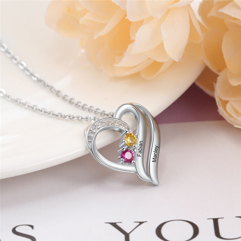 925 Sterling Silver Two Birthstone Heart Necklace