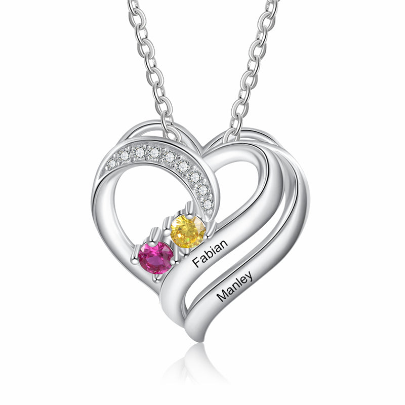 925 Sterling Silver Two Birthstone Heart Necklace