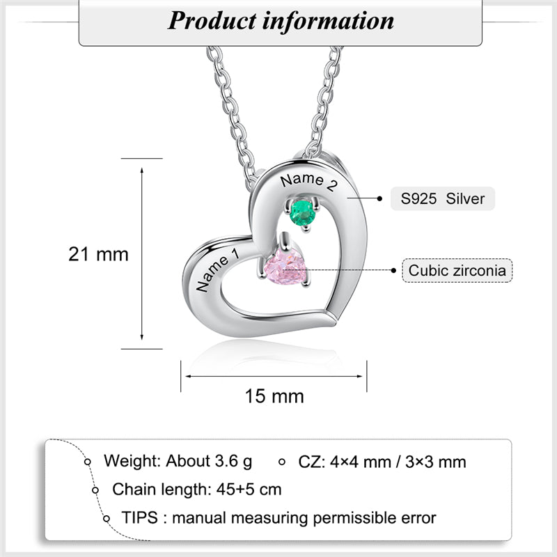 925 Sterling Silver Two Birthstone Heart Necklace