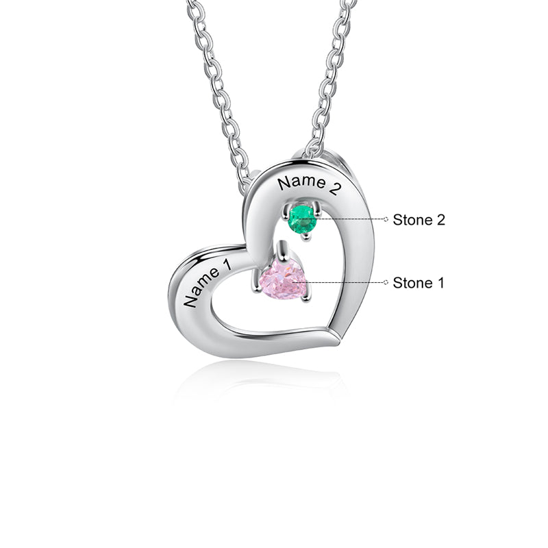 925 Sterling Silver Two Birthstone Heart Necklace