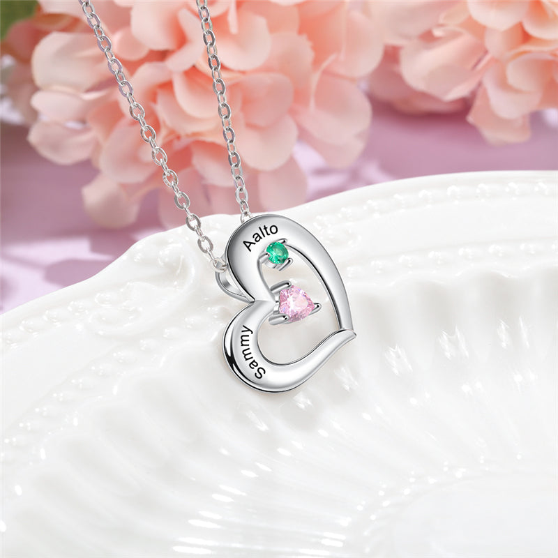 925 Sterling Silver Two Birthstone Heart Necklace