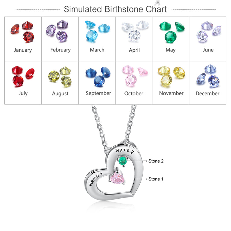 925 Sterling Silver Two Birthstone Heart Necklace