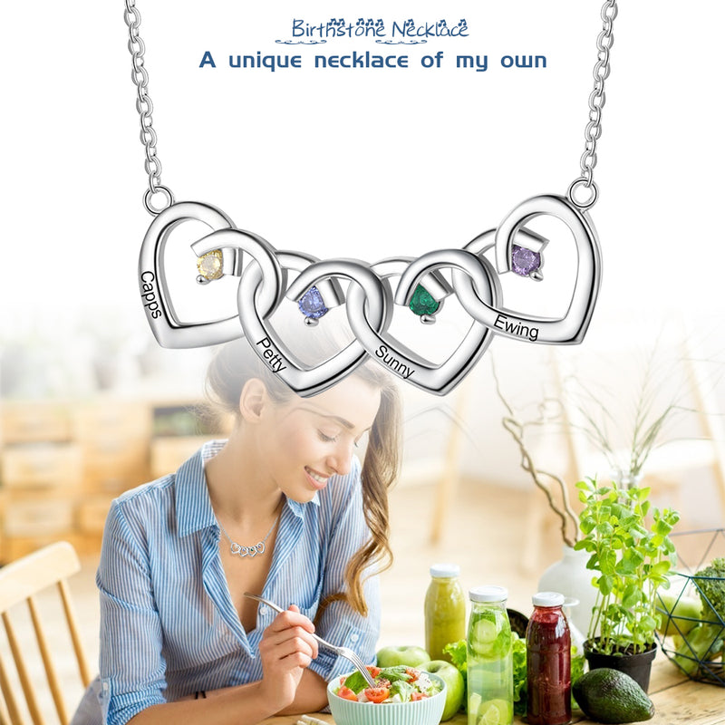 925 Sterling Silver Four Birthstone Heart Necklace