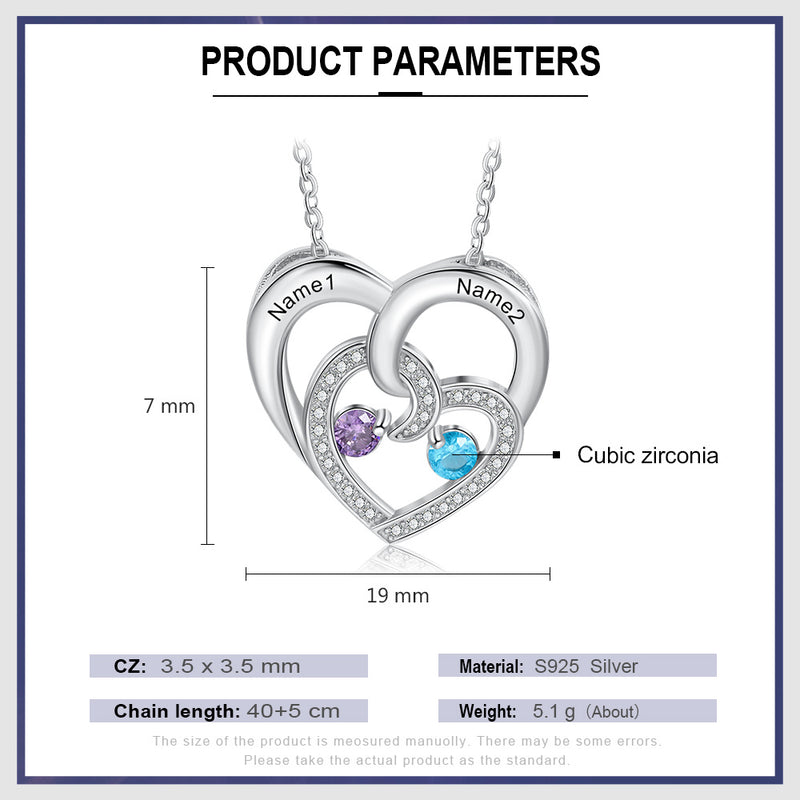 Engraved Names Double Hearts Necklace with Cubic Zircon