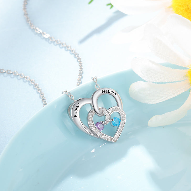 Engraved Names Double Hearts Necklace with Cubic Zircon