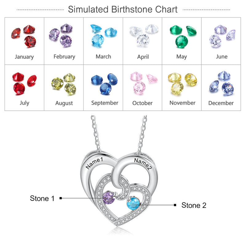 Engraved Names Double Hearts Necklace with Cubic Zircon