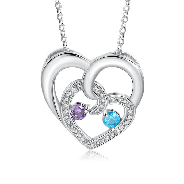 Engraved Names Double Hearts Necklace with Cubic Zircon
