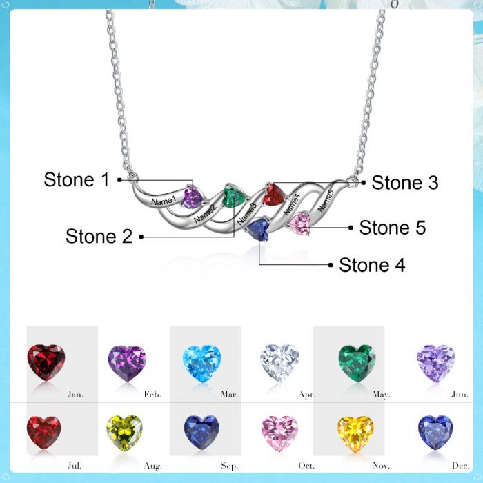 Sterling Silver Heart Shape 5 Birthstones Pendant Necklace