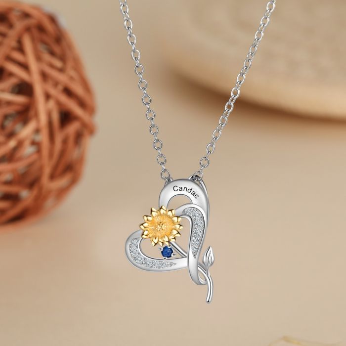 Sterling Silver Sunflower Heart Shape Pendant Necklace