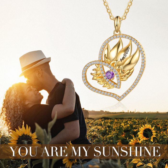 Gold Birthstone Sunflower Heart Shape Pendant Necklace